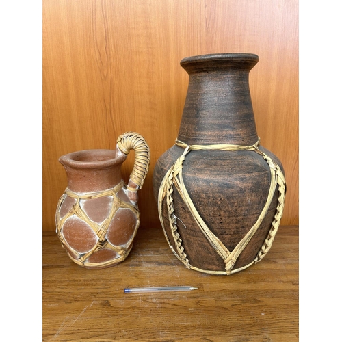 105 - Large Pottery Vase (43cm H.) and Jug (29cm H.) with Rattan Details