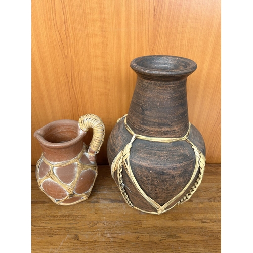 105 - Large Pottery Vase (43cm H.) and Jug (29cm H.) with Rattan Details