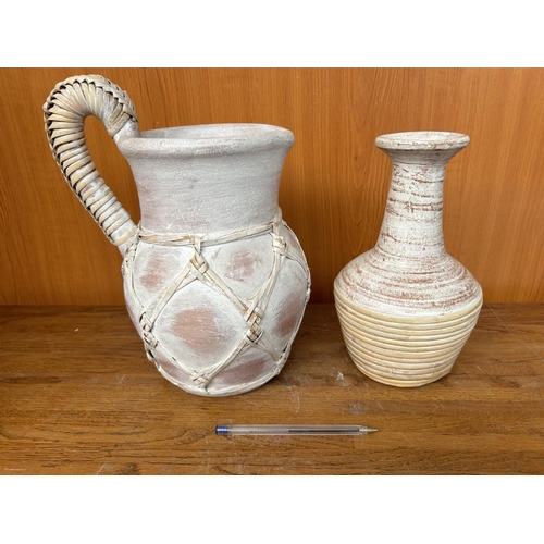 106 - Pottery Jug and Vase with Rattan Details