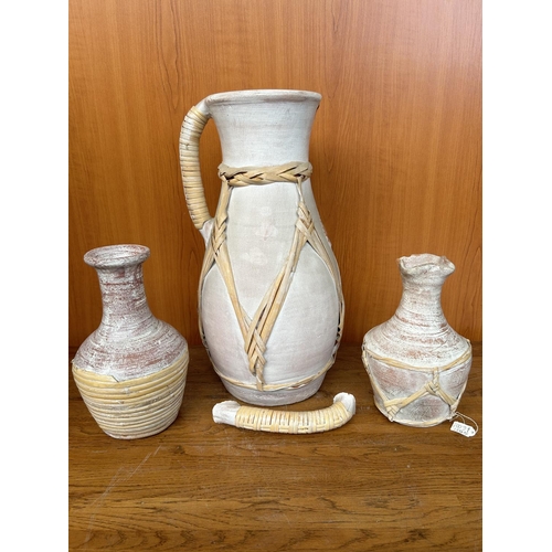 456 - x3 Pottery Vases with Rattan Details (A/F)