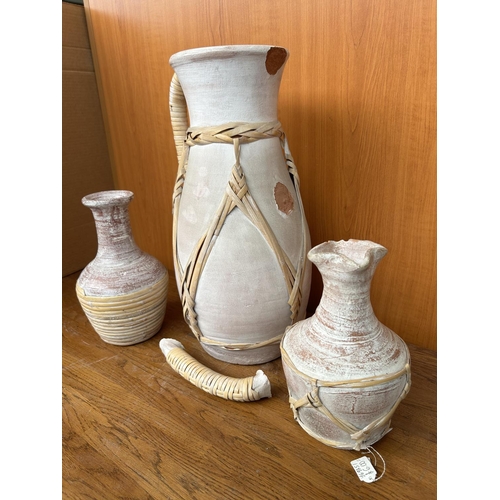 456 - x3 Pottery Vases with Rattan Details (A/F)