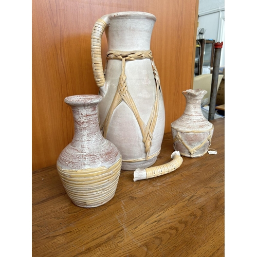 456 - x3 Pottery Vases with Rattan Details (A/F)