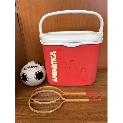 96 - Rubbermaid Antartica Large Cool Box Together with Rackets and Ball