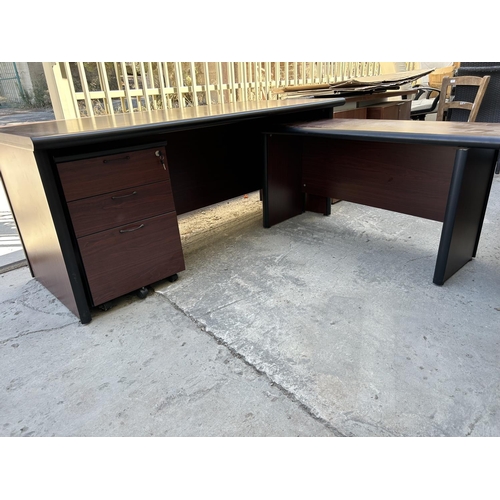 101 - Large Wooden Office Desk with Extension and 3-Drawer Cabinet on Castors