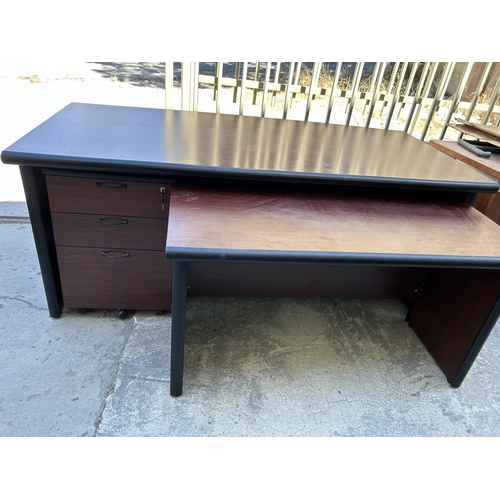 101 - Large Wooden Office Desk with Extension and 3-Drawer Cabinet on Castors