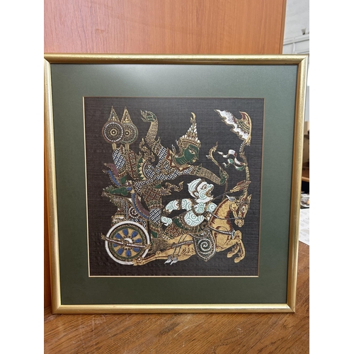 262 - Rare Colorful Thai Silk Painting Ravana Figures Ramayana Artwork in Frame (39 x 40cm)