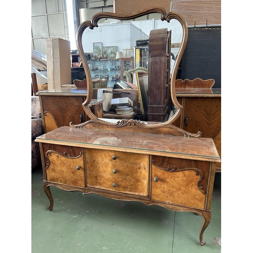 284 - Vintage 1940's Walnut Art Deco Two Tone Dressing Table with 2 Cabinets, 3 Drawers and Large Mirror (... 