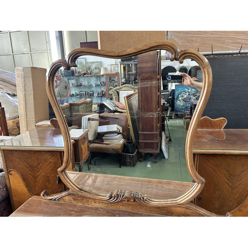 284 - Vintage 1940's Walnut Art Deco Two Tone Dressing Table with 2 Cabinets, 3 Drawers and Large Mirror (... 