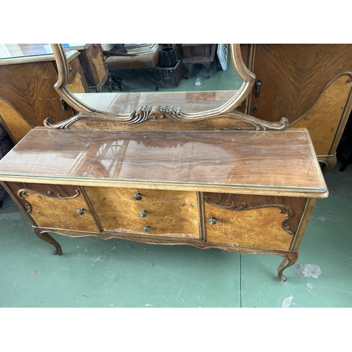 284 - Vintage 1940's Walnut Art Deco Two Tone Dressing Table with 2 Cabinets, 3 Drawers and Large Mirror (... 