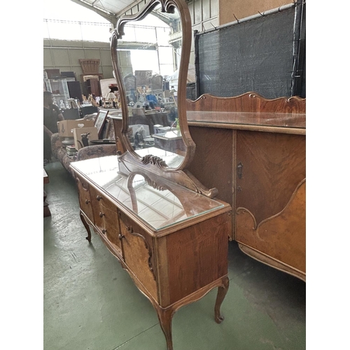 284 - Vintage 1940's Walnut Art Deco Two Tone Dressing Table with 2 Cabinets, 3 Drawers and Large Mirror (... 