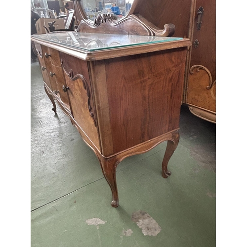 284 - Vintage 1940's Walnut Art Deco Two Tone Dressing Table with 2 Cabinets, 3 Drawers and Large Mirror (... 