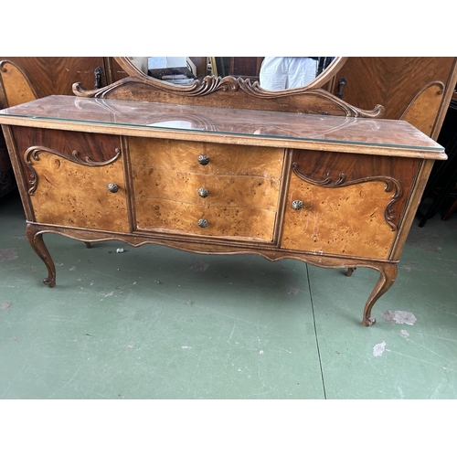 284 - Vintage 1940's Walnut Art Deco Two Tone Dressing Table with 2 Cabinets, 3 Drawers and Large Mirror (... 