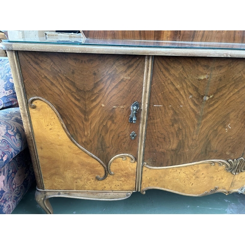 285 - Vintage 1940's Large Walnut Art Deco Two Tone 4-Door Buffet Unit (204 W. x 53 D. x 115cm H.)