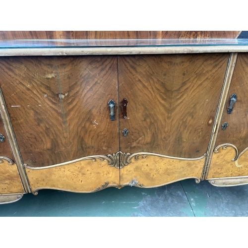 285 - Vintage 1940's Large Walnut Art Deco Two Tone 4-Door Buffet Unit (204 W. x 53 D. x 115cm H.)