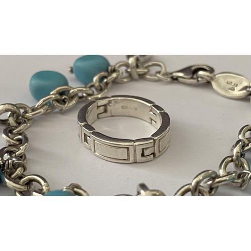 288 - Silver 925 Bracelet with Turquoise Stones and Silver Flexible Ring