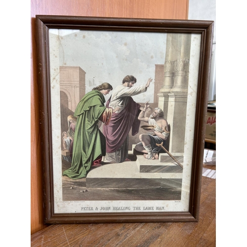 304 - Religious Trust Society London 'Peter & John Healing The Lame' Antique Religious Gravure (31 x 39cm)