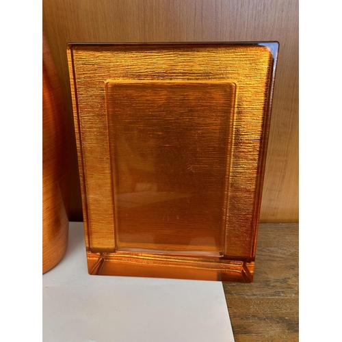 308 - Orange Aluminium Vase with Heavy Glass Photo Frame