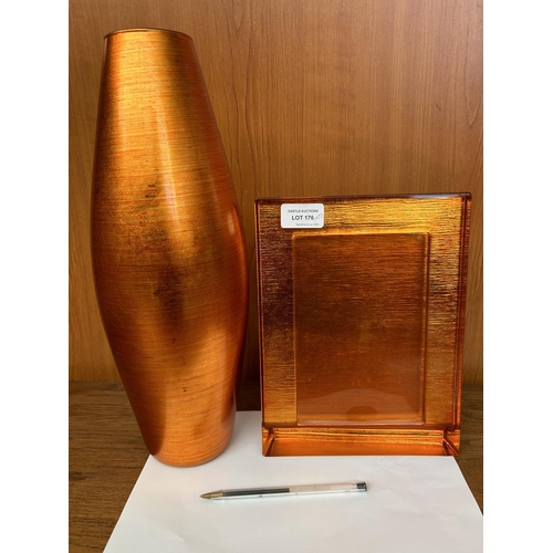 308 - Orange Aluminium Vase with Heavy Glass Photo Frame