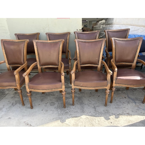 342 - x8 Wooden Dining Armchairs Upholstered in Brown Leather