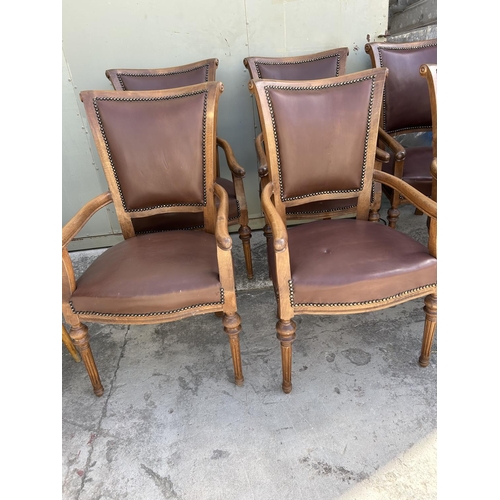 342 - x8 Wooden Dining Armchairs Upholstered in Brown Leather