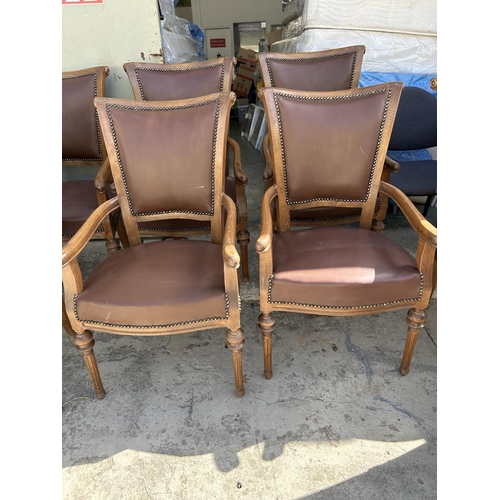 342 - x8 Wooden Dining Armchairs Upholstered in Brown Leather