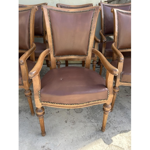 342 - x8 Wooden Dining Armchairs Upholstered in Brown Leather