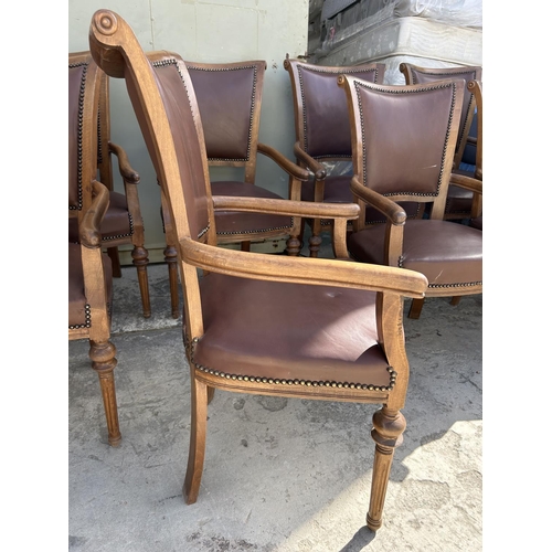 342 - x8 Wooden Dining Armchairs Upholstered in Brown Leather