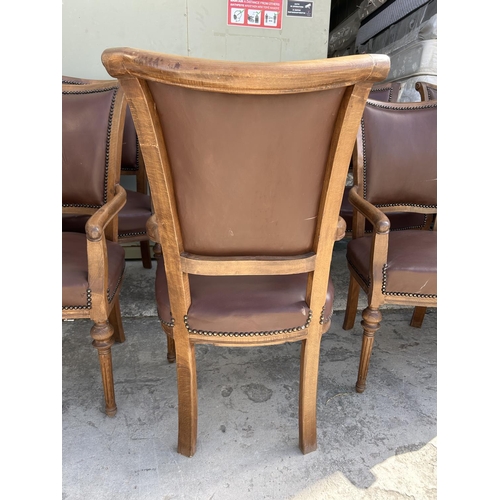 342 - x8 Wooden Dining Armchairs Upholstered in Brown Leather