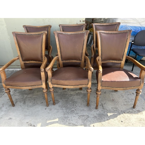 343 - x6 Wooden Dining Armchairs Upholstered in Brown Leather