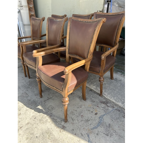 343 - x6 Wooden Dining Armchairs Upholstered in Brown Leather