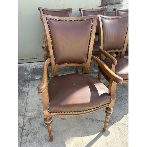 343 - x6 Wooden Dining Armchairs Upholstered in Brown Leather