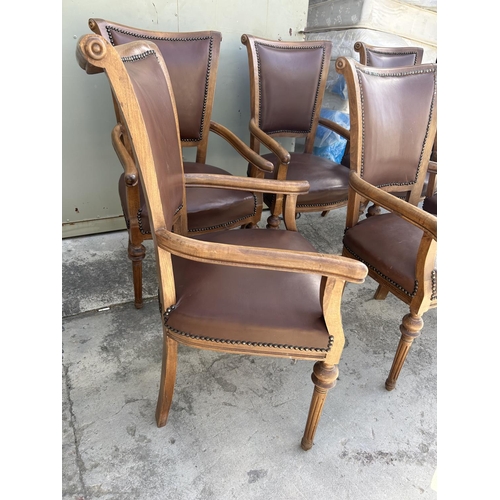 343 - x6 Wooden Dining Armchairs Upholstered in Brown Leather