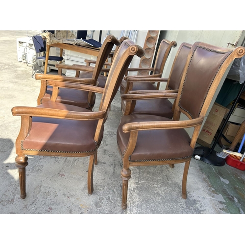 343 - x6 Wooden Dining Armchairs Upholstered in Brown Leather