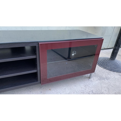 434 - 'Ikea Glassvik' Large Wooden Black Glass Top TV Console (180 W. x 41 D. x 49cm H.)