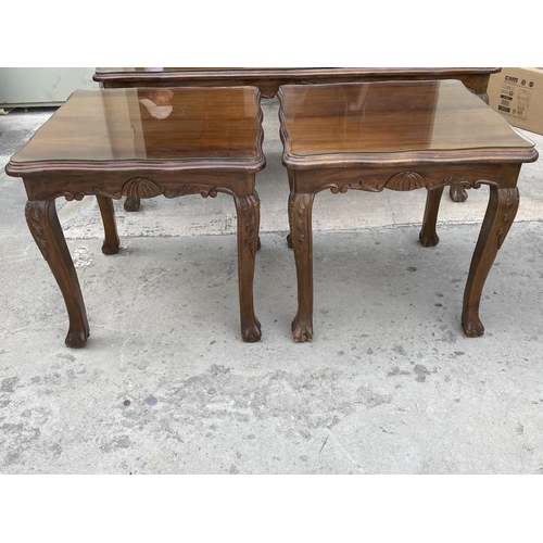 444 - Pair of Vintage Walnut Side Tables with Carvings and Glass Protective Top