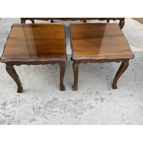 444 - Pair of Vintage Walnut Side Tables with Carvings and Glass Protective Top