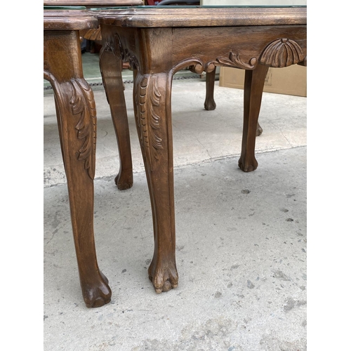 444 - Pair of Vintage Walnut Side Tables with Carvings and Glass Protective Top