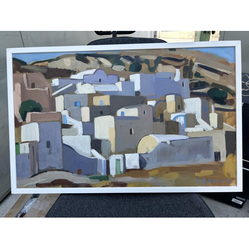 452 - Oil on Canvas Santorini Island Greece Painting Signed 'Claire Vouros' (83 x 53cm)