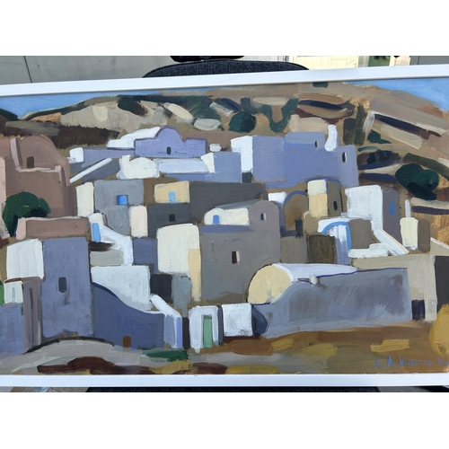 452 - Oil on Canvas Santorini Island Greece Painting Signed 'Claire Vouros' (83 x 53cm)