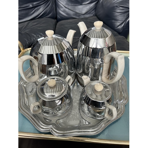 472 - Vintage 1930's Art Deco Headmaster Insulated Tea and Coffee Set Chrome and Ceramic