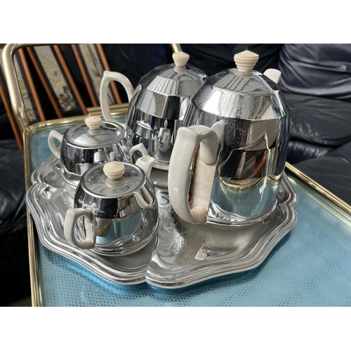 472 - Vintage 1930's Art Deco Headmaster Insulated Tea and Coffee Set Chrome and Ceramic