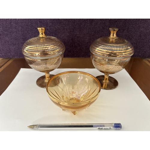 104 - x2 Vintage Thin Muslin Glass Cognac-Colored Bonbonieres and Small Glass Bowl