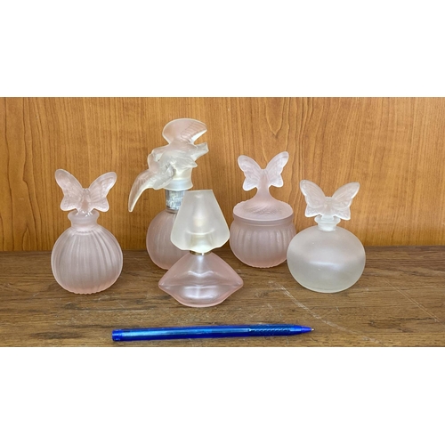 114 - Vintage Collectible Pink Satin 5-Piece Glass Vanity Set, Butterfly Lidded