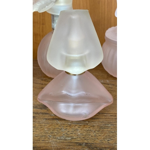 114 - Vintage Collectible Pink Satin 5-Piece Glass Vanity Set, Butterfly Lidded