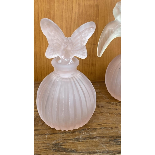 114 - Vintage Collectible Pink Satin 5-Piece Glass Vanity Set, Butterfly Lidded