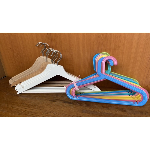 72A - 'Ikea Bagis' Colorful Children's Hangers and 9 Wooden Hangers