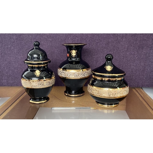 10 - Set of 3 Black Cameo Porcelain Ornaments with Gold Details Made in Italy