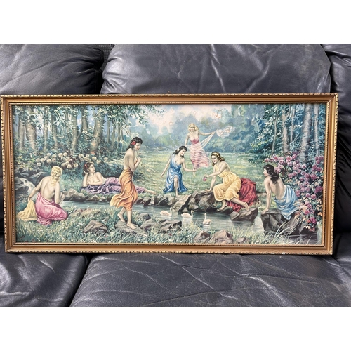 111 - Girls on River Bank Vintage Framed Print (79 x 38cm)