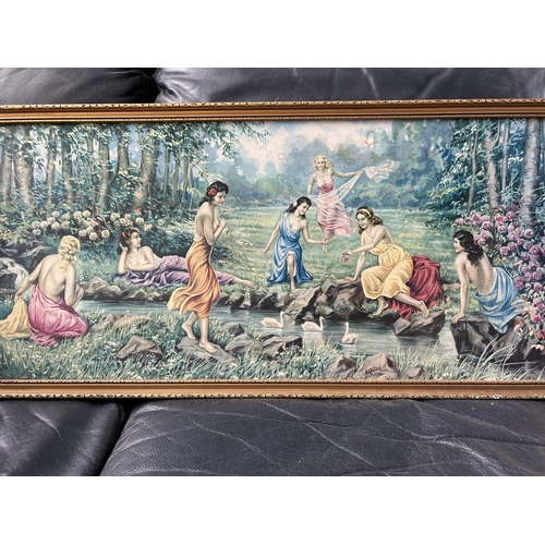 111 - Girls on River Bank Vintage Framed Print (79 x 38cm)