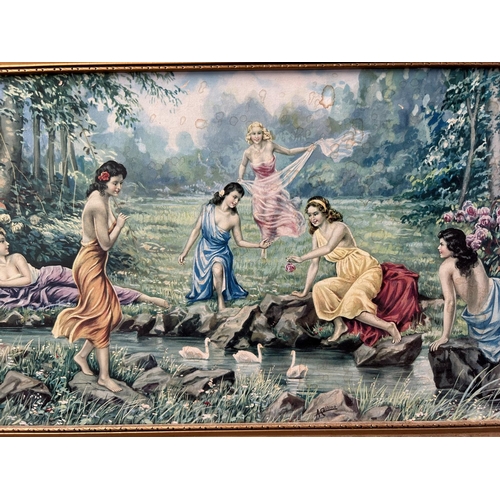 111 - Girls on River Bank Vintage Framed Print (79 x 38cm)